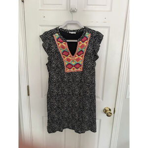 THML Embroidered Tunic Dress Size M Black Polka Dot Boho Flutter Sleeve